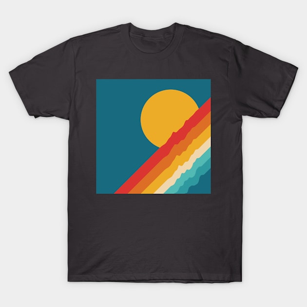Retro Rainbow Sunset on Dark Blue Background T-Shirt by NattyDesigns